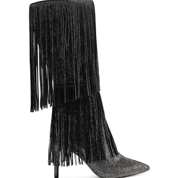 NWT Fringe Rhinestone Beaded Heeled Knee-High Boots Pointed Toe Metallic Boot - Picture 11 of 16